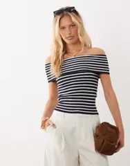 マンゴ レディース トップス シャツ Mango Teen short sleeve top stripes NAVY ネイビーのサムネイル
