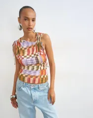 トップショップ レディース トップス タンクトップ ギャザー メッシュ Topshoplaid mesh ruchedetail top RED レッドのサムネイル