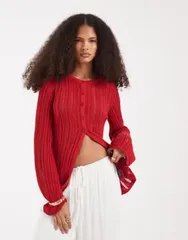 エイソス レディース アウター カーディガン ニット ASOS DESIGN ladder stitch knit cardigan Red レッドのサムネイル
