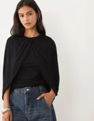エイソス レディース トップス シャツ ケープデザイン キャップ ケープ ASOS DESIGN cape sleeve top Black ブラックのサムネイル