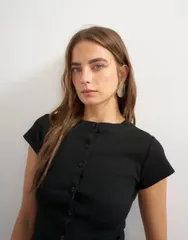 トップショップ レディース トップス Tシャツ Topshop button up short sleeve top Black ブラックのサムネイル