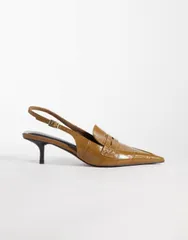 エイソス レディース シューズ スリッポン・ローファー ヒール ASOS DESIGN Sundae slingbackitten heeled loafers in toffee croc Taupのサムネイル