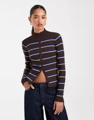 エイソス レディース アウター カーディガン スタンドネック ASOS DESIGN button up funnel neck cardigan in stripestripe ストライプのサムネイル