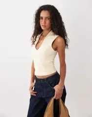 エイソス レディース トップス タンクトップ コットン ASOS DESIGN compact cotton plunge top in buttermilkのサムネイル