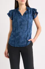 アンクライン レディース トップス シャツ フリル Anne Klein Ruffle Tie Neck Top BLUE CARBON ブルーのサムネイル