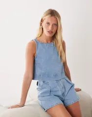 エイソス レディース トップス シャツ デニム ASOS DESIGN denim swing top in light wash part of a set LIGHT WASH デニムのサムネイル