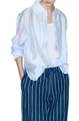 マンゴ レディース トップス シャツ シアー MANGO Stripe Sheer ButtonUp Shirt SKY BLUE ブルーのサムネイル