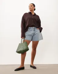 エイソス レディース トップス シャツ シアー リネン ASOS DESIGN Curve sheer beach shirt with linen in chocolate チョコレートのサムネイル