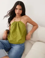 エイソス レディース トップス シャツ クロップド ホルター ASOS DESIGN halterneck volume cropped tank top in olive オリーブのサムネイル