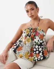 エイソス レディース トップス シャツ ドット柄 フラワー柄 ドット プリント クロップド フラワー ホルター ASOS DESIGN halterneck volume cropped tank tのサムネイル