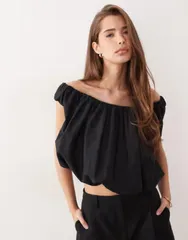 エイソス レディース トップス シャツ ASOS DESIGN off the shoulder bubble top Black ブラックのサムネイル