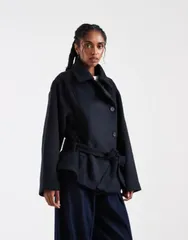 エイソス レディース アウター コート ウール ASOS DESIGN low belt shortrench coat with wool Navy ネイビーのサムネイル