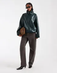エイソス レディース アウター コート レザー ジャケット ASOS DESIGN clean leather look funnel track bomber jacket in dark greeのサムネイル