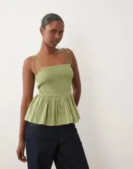 エイソス レディース トップス シャツ ASOS DESIGN shirredetail peplum cami Khaki カーキのサムネイル