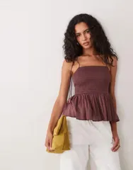 エイソス レディース トップス シャツ ASOS DESIGN shirredetail peplum cami Burgundy バーガンディのサムネイル
