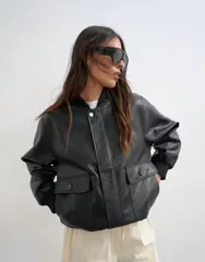 トップショップ レディース アウター ジャケット・ブルゾン レザー フェイクレザー Topshop faux leather nero collar bomber jacket black ブラックのサムネイル