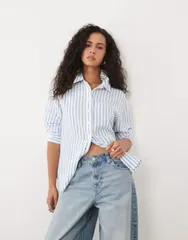エイソス レディース トップス シャツ リネン ASOS DESIGN linen blend shirt stripes Blue Stripe ブルーのサムネイル