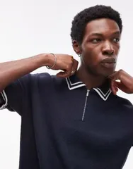 トップマン メンズ トップス ポロシャツ パイル ニット Topman kniterrycloth polo with tipping NAVY ネイビーのサムネイル