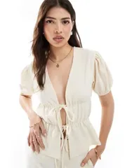 エイソス レディース トップス シャツ ASOS DESIGN crinkle textu red puffball top with tie in ecru エクリュのサムネイル