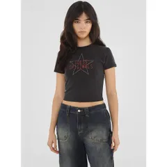 ゲス レディース トップス シャツ プリント Guess Womens Front Print and Studs Crop Top Jet Black Mlt ブラックのサムネイル