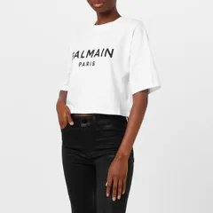 バルマン レディース トップス シャツ クロップド ロゴ Balmain Cropped Logo T Shirt BlancNoir GABのサムネイル