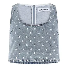セルフポートレイト レディース トップス シャツ デニム Self Portrait Womens Rhinestone Denim Strappy Crop Top Light Blue ブルーのサムネイル