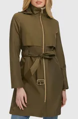 コールハーン レディース アウター コート ジャケット Cole Haan Belted Travel Packable Hooded Rain Jacket OLIVE オリーブのサムネイル