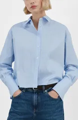マンゴ レディース トップス シャツ コットン MANGO Rhinestone Detail Stripe Cotton Blend ButtonUp Shirt SKY BLUE ブルーのサムネイル