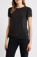 AK アンクライン レディース トップス シャツ プチ プリント AK ANNE KLEIN Circle Printulip Sleeve Top Petite Regular ANNE BLACKのサムネイル