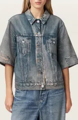 オールセインツ レディース トップス シャツ パイル デニム AllSaints Juni Distressed French Terry Denim Shirt ILLUSION TINT BLUEのサムネイル