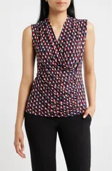 アンクライン レディース トップス シャツ Anne Klein Shir red Faux Wrap Top BLUE CARBON MULTI ブルーのサムネイル
