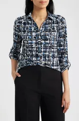AK アンクライン レディース トップス シャツ プチ プリント AK ANNE KLEIN Print RollTabbed Button Front Shirt Petite DUTCH BLUEのサムネイル