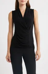 アンクライン レディース トップス シャツ ギャザー Anne Klein Ruched Faux Wrap Top ANNE BLACK ブラックのサムネイル