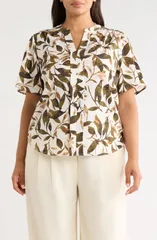 AK アンクライン レディース トップス シャツ プラスサイズ AK ANNE KLEIN Flutter Sleeve Top Plus WHITE DOVE MULTI ホワイトのサムネイル