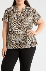 AK アンクライン レディース トップス シャツ プラスサイズ プリント AK ANNE KLEIN Leopard Printulip Sleeve Popover Top Plus ANNE BLのサムネイル
