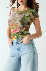 ゲス レディース トップス シャツ ギャザー メッシュ GUESS Hani Ruched Mesh TShirt GREEN MULTI グリーンのサムネイル