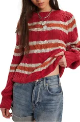 フリーピープル レディース アウター ニット・セーター コットン Free People Frankie Stripe Cable Stitch Cotton Sweate rED COMBO レッドのサムネイル