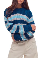 フリーピープル レディース アウター ニット・セーター コットン Free People Frankie Stripe Cable Stitch Cotton Sweater TEAL COMBO テのサムネイル
