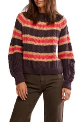 フリーピープル レディース アウター ニット・セーター コットン Free People Frankie Stripe Cable Stitch Cotton Sweater CHOCOLATE COのサムネイル