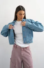 トップショップ レディース アウター ジャケット・ブルゾン クロップド デニム Topshop Cropped Paddedenim Jacket LBLUE デニムのサムネイル