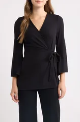 アンクライン レディース トップス シャツ フリル リブ Anne Klein Ruffle Sleeve Ribbed Wrap Top ANNE BLACK ブラックのサムネイル