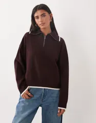 マンゴ レディース アウター ニット・セーター ハーフジップ Mango quarter zip knit sweater Burgundy バーガンディのサムネイル