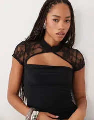 エイソス レディース トップス シャツ レース ASOS DESIGN lace mandarin top Black ブラックのサムネイル