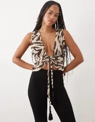 エイソス レディース トップス シャツ ASOS DESIGN open frontie waistop in zebra アニマルのサムネイル