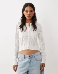 エイソス レディース アウター カーディガン フラワー柄 ニット フラワー ASOS DESIGN floral open knit cardigan in cream クリームのサムネイル