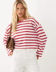 マンゴ レディース トップス シャツ Mango Teen long sleeve tshirt stripes RED レッドのサムネイル