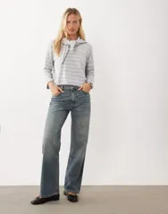 マンゴ レディース アウター ニット・セーター Tシャツ Mango Teen scarf detail sweater stripes Gray グレーのサムネイル