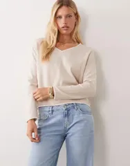 マンゴ レディース アウター ニット・セーター Vネック Tシャツ コントラスト Mango Teen Vneck sweater with contrastrim in sand サンドのサムネイル
