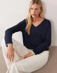マンゴ レディース アウター ニット・セーター Vネック Tシャツ コントラスト Mango Teen Vneck sweater with contrastrim NAVY ネイビーのサムネイル