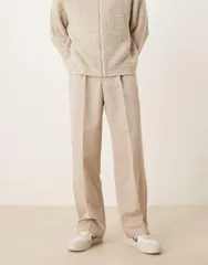エイソス メンズ ボトムス カジュアルパンツ ワイドレッグ パンツ ASOS DESIGN wide leg dress pants with front pleats in stone STONEのサムネイル